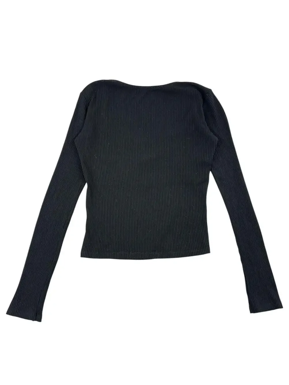 Black Ribbed Long Sleeve Top with Notch Neckline Y2K Minimalist Preppy
